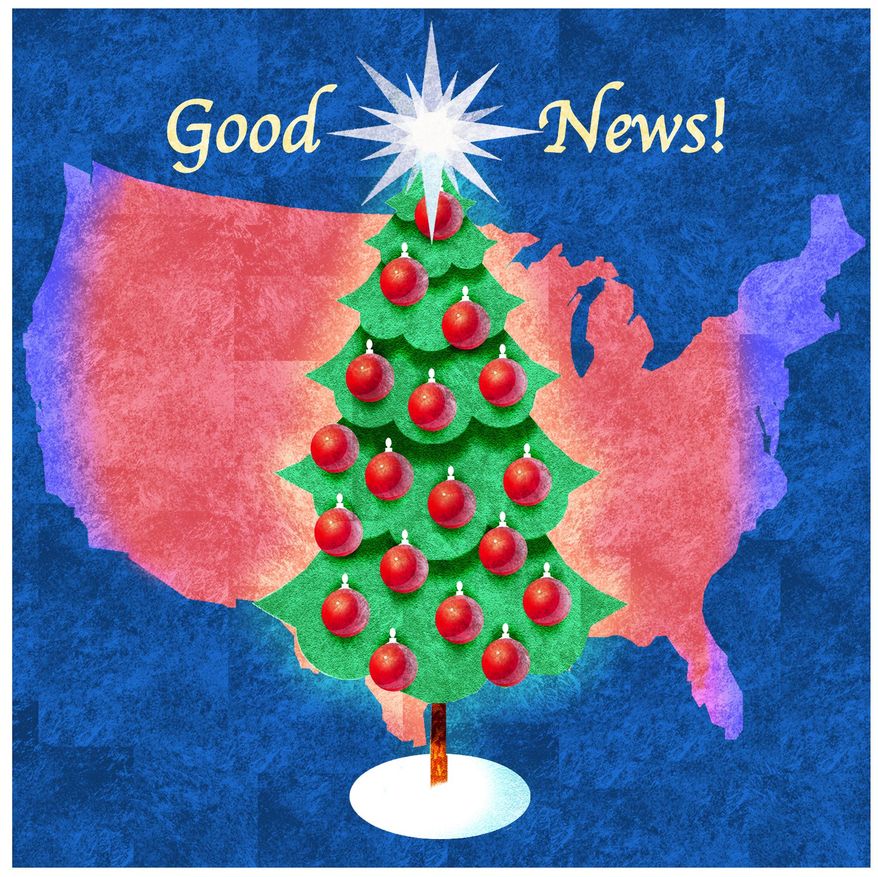 Illustration on good news for conservatives of America at Christmastime by Alexander Hunter/The Washington times