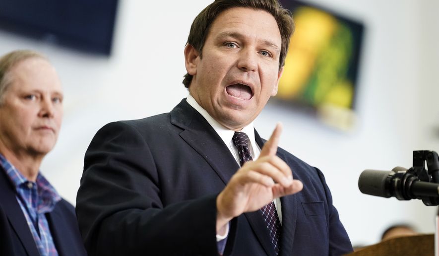 Florida Gov. Ron DeSantis speaks to supporters and members of the media after a bill signing on Nov. 18, 2021, in Brandon, Fla. In Florida, for the first time in modern history, there are more registered Republican voters than Democrats. Republican Gov. Ron DeSantis is heading into a reelection campaign buoyed by a national profile and a cash reserve unmatched by any of his Democratic challengers. And Republicans control virtually all of state government. (AP Photo/Chris O&#x27;Meara, File)