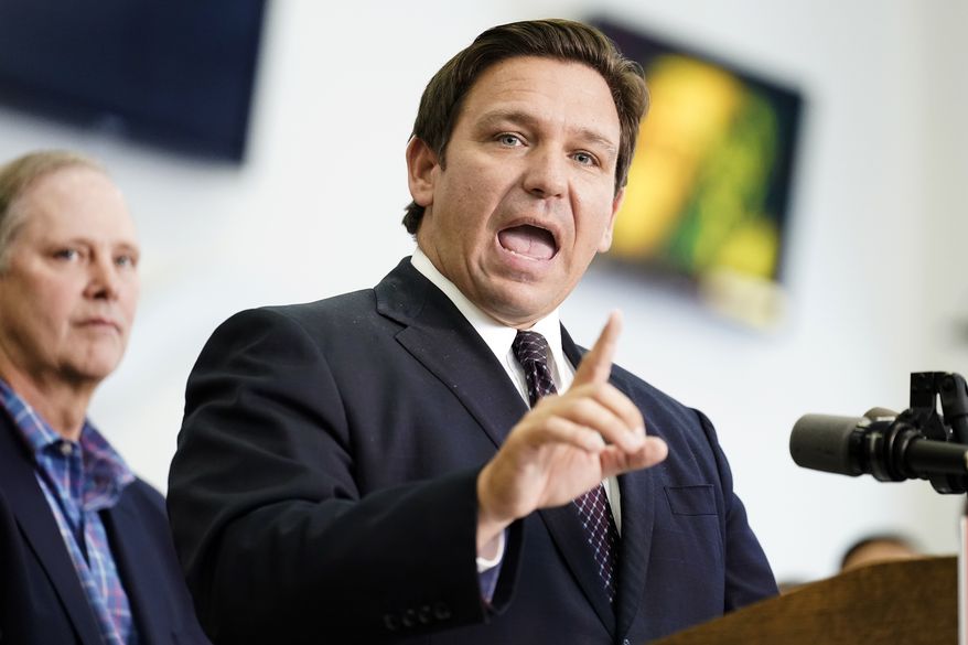 Florida Gov. Ron DeSantis speaks to supporters and members of the media after a bill signing on Nov. 18, 2021, in Brandon, Fla. In Florida, for the first time in modern history, there are more registered Republican voters than Democrats. Republican Gov. Ron DeSantis is heading into a reelection campaign buoyed by a national profile and a cash reserve unmatched by any of his Democratic challengers. And Republicans control virtually all of state government. (AP Photo/Chris O&#x27;Meara, File)
