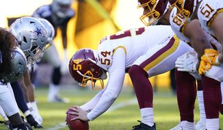 Washington Football Team long snapper Camaron Cheeseman (54) prepares to snap the ball during a punt attempt against the Dallas Cowboys during the first half of an NFL football game, Sunday, Dec. 12, 2021, in Landover, Md. (AP Photo/Julio Cortez) **FILE**