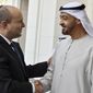 In this photo provided by the Israel Government Press Office (GPO), Israeli Prime Minister Naftali Bennett, left, is received by Abu Dhabi Crown Prince Sheikh Mohammed bin Zayed at his private palace in Abu Dhabi, Monday, Dec. 13, 2021. (Haim Zach/Israel Government Press Office via AP)