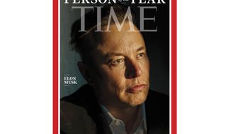 This photo provided by Time magazine shows Elon Musk on the cover of the magazine&#39;s Dec. 27 - Jan 3 double issue announcing Musk as their 2021 &amp;quot;Person of the Year.&amp;quot; (Time via AP)