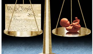 Illustration on abortion and the Constitution by Alexander Hunter/The Washington Times