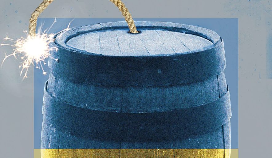 Ukraine powder keg illustration by Linas Garsys / The Washington Times