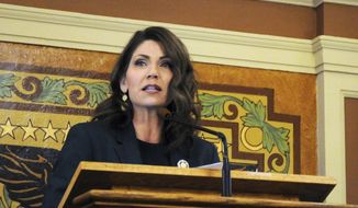 South Dakota Gov. Kristi Noem gives her first budget address to lawmakers at the state Capitol in Pierre, S.D.  in this Jan. 23, 2019, file photo, . (AP Photo/James Nord, File)