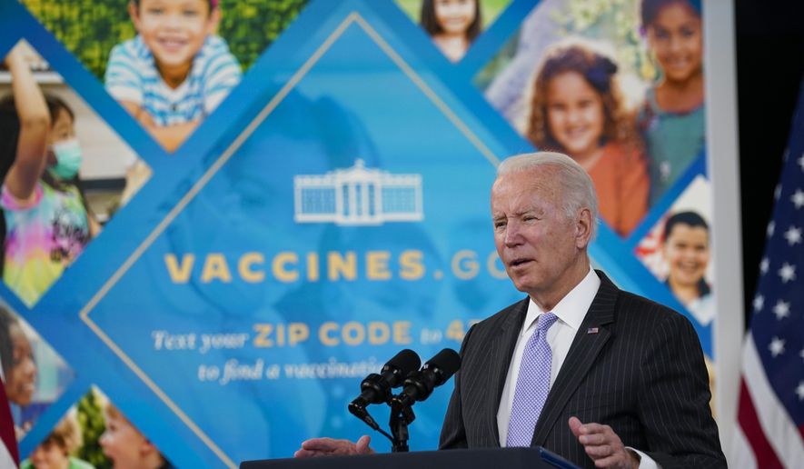 FILE - President Joe Biden talks about the newly approved COVID-19 vaccine for children ages 5-11 from the South Court Auditorium on the White House complex in Washington, Wednesday, Nov. 3, 2021. On Wedneasday, Dec. 15, 2021, a federal appeals court panel has lifted a nationwide ban against Biden’s vaccine mandate for health care workers, instead blocking the requirement in only certain states and leaving a potential patchwork of enforcement across the country. (AP Photo/Susan Walsh, File)