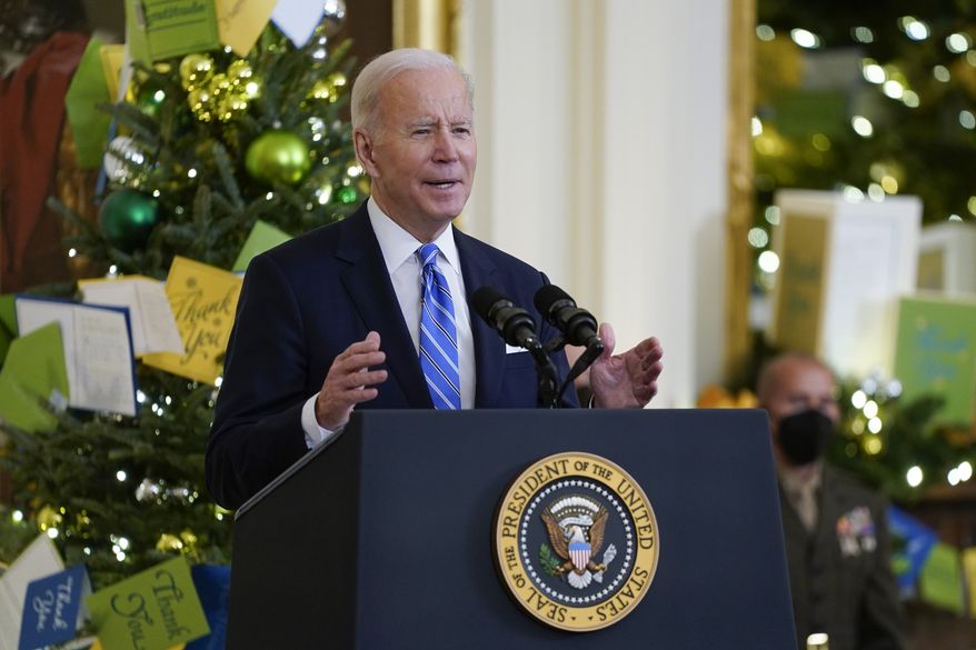 President Joe Biden speaks during a Medal of Honor ceremony in the East Room of the White House, Thursday, Dec. 16, 2021, in Washington. (AP Photo/Evan Vucci)