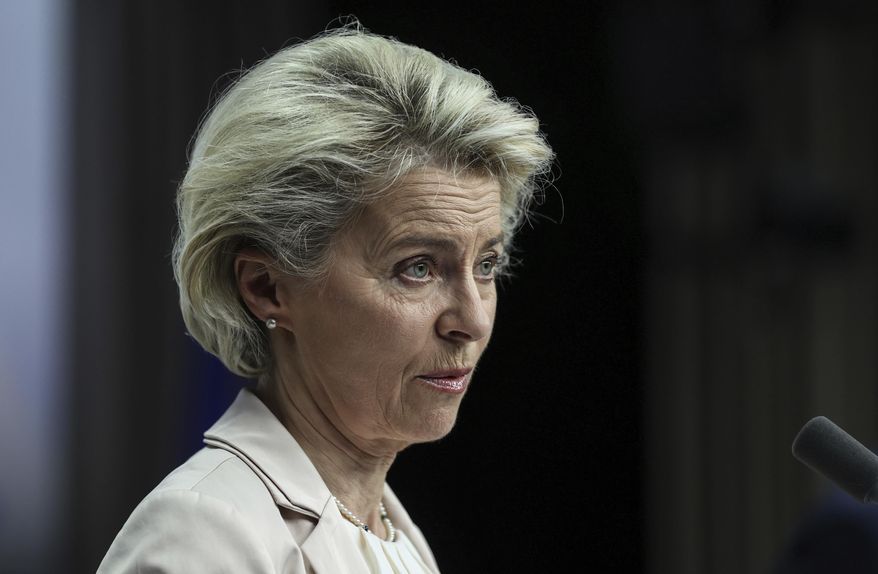In this file photo, European Commission President Ursula von der Leyen speaks during a media conference at the conclusion of an Eastern Partnership Summit in Brussels, Wednesday, Dec. 15, 2021.  (Aris Oikonomou, Pool Photo via AP)  ** FILE **