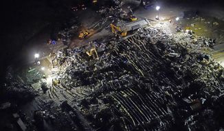 In this aerial file photo, a collapsed factory is seen with workers searching for survivors, after tornadoes came through the area the previous night, in Mayfield, Ky., Saturday, Dec. 11, 2021. Survivors of a tornado that leveled a Kentucky candle factory, killing eight workers, have filed a lawsuit claiming their employer demonstrated “flagrant indifference” by refusing to allow the employees to go home early. (AP Photo/Gerald Herbert, File)