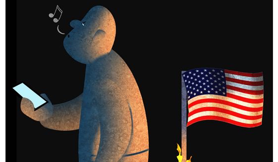 Illustration on American flag on fire and a bystander nation by Alexander Hunter/The Washington Times