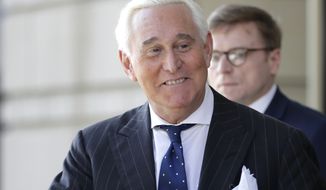 Roger Stone exits federal court in Washington, Nov. 15, 2019. Longtime Trump confidant Roger Stone says he has asserted his Fifth Amendment right against self-incrimination in an interview with the House panel investigating the Jan. 6 Capitol insurrection. He told reporters as he left the deposition Friday, Dec. 17, 2021, that “I did my civic duty and I responded as required by law” but that he invoked his Fifth Amendment rights to every question. (AP Photo/Julio Cortez, File)