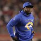FILE - Los Angeles Rams running backs coach Thomas Brown is shown during an NFL football game against the San Francisco 49ers in Santa Clara, Calif., Monday, Nov. 15, 2021. Brown was a five-star running back destined for the University of Georgia back then in the early 2000s, his mind focused on the Bulldogs and the NFL. He hadn&#39;t even imagined trading in his cleats for a whistle — “I was adamant about not being a coach,” he says with a grin.(AP Photo/Tony Avelar, File)
