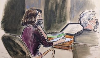 In this courtroom sketch, Ghislaine Maxwell, left, sits at the defense table with defense attorney Jeffrey Pagliuca while listening to testimony in her sex abuse trial, Thursday, Dec. 16, 2021, in New York. (Elizabeth Williams via AP)