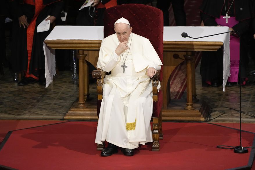 Pope Francis attends a meeting with priests, religious men and women, seminarians and catechists, at the Cathedral of Saint Martin, in Bratislava, Slovakia, Sept. 13, 2021. Francis is celebrating his 85th birthday Friday, Dec. 17, 2021, a milestone made even more remarkable given the coronavirus pandemic, his summertime intestinal surgery and the weight of history: His predecessor retired at this age and the last pope to have lived any longer was Leo XIII over a century ago. (AP Photo/Gregorio Borgia, file)