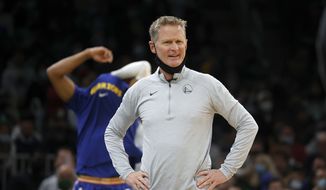 Golden State Warriors head coach Steve Kerr reacts to a call during the first half of an NBA basketball game against the Boston Celtics, Friday, Dec. 17, 2021, in Boston. (AP Photo/Mary Schwalm) ** FILE**