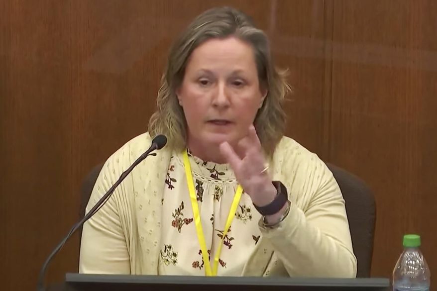 In this image taken from video, former Brooklyn Center Police Officer Kim Potter testifies during her trial, Friday, Dec. 17, 2021, in Minneapolis. Potter is charged with first- and second-degree manslaughter in the shooting of Daunte Wright, a Black motorist, in the suburb of Brooklyn Center. Potter has said she meant to use her Taser – but grabbed her handgun instead – after Wright tried to drive away as officers were trying to arrest him. (Court TV via AP, Pool)