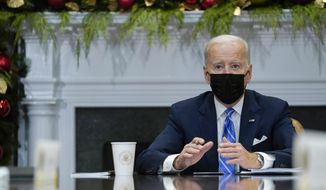 President Joe Biden speaks as he meets with members of the White House COVID-19 Response Team in the Roosevelt Room of the White House in Washington, Thursday, Dec. 16, 2021. (AP Photo/Susan Walsh) **FILE**