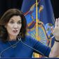 New York Gov. Kathy Hochul speaks at an event, Friday, Dec. 10, 2021, in New York. Gov. Kathy Hochul wants New York to impose term limits on her office and other statewide elected officials and ban them from earning an outside income, changes that implicitly rebuke her predecessor Andrew Cuomo. (AP Photo/Mary Altaffer, File)