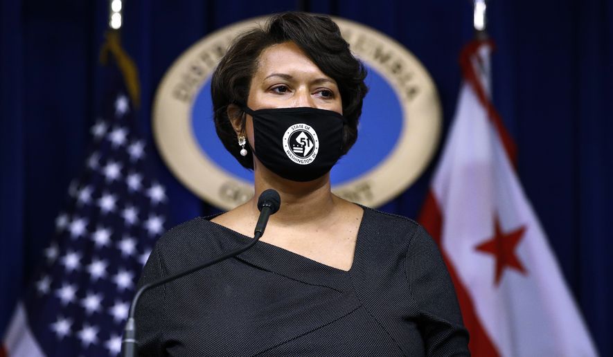 District of Columbia Mayor Muriel Bowser wears a face mask, as she speaks at a news conference on the coronavirus and the District's response, July 13, 2020, in Washington. (AP Photo/Patrick Semansky) **FILE**