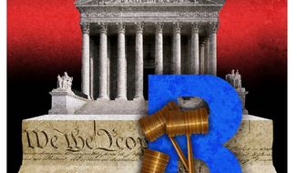 Illustration on the Biden&#39;s attempt at packing the Supreme Court by Alexander Hunter/The Washington Times
