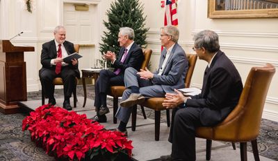 Caption for attached photo, left to right: Hillsdale College President Larry P. Arnn, Dr. Scott Atlas, Professor Martin Kulldorff, and Dr. Jay Bhattacharya gathered on Dec. 8 to discuss their new Academy for Science and Freedom in Washington, D.C. (Courtesy of Hillsdale College)