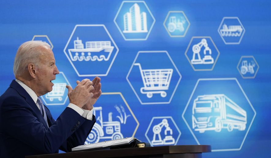 President Joe Biden speaks during a meeting with his task force on supply chain issues, Wednesday, Dec. 22, 2021, in the South Court Auditorium on the White House campus in Washington. (AP Photo/Patrick Semansky)