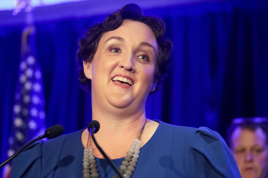 In this Nov. 6, 2018, file photo, Democratic then-congressional candidate Katie Porter speaks during an election night event in Tustin, Calif. (AP Photo/Chris Carlson, File)