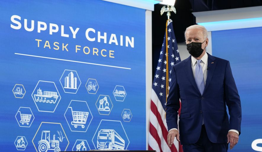 President Joe Biden arrives at a meeting with his task force on supply chain issues, Wednesday, Dec. 22, 2021, in the South Court Auditorium on the White House campus in Washington. (AP Photo/Patrick Semansky) ** FILE **