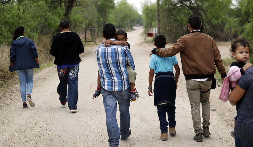 In this file photo, a group of migrant families walk from the Rio Grande, the river separating the U.S. and Mexico in Texas, near McAllen, Texas, March 14, 2019. New data released by the Department of Homeland Security this week shows the demographics of the typical border jumper have been completely rewritten, as Mexicans, who for decades were the overwhelming number of illegal immigrants, dropped to just 28% of the flow, marking their lowest share “in recorded history,” according to Customs and Border Protection.  (AP Photo/Eric Gay, File)
