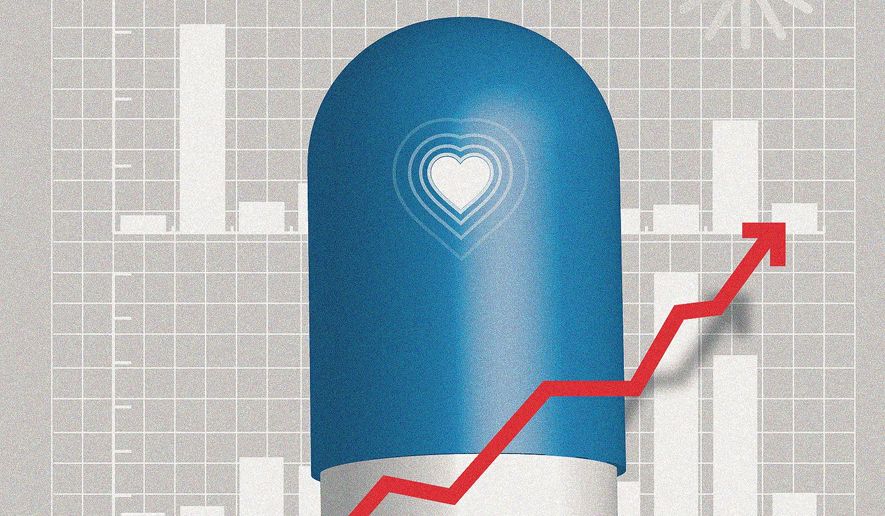 Illustration on the drug companies saving lives by Linas Garsys/The Washington Times