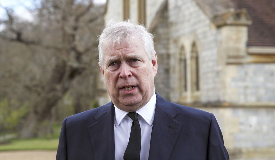 Britain&#39;s Prince Andrew speaks. during a television interview at the Royal Chapel of All Saints at Royal Lodge, Windsor, England, Sunday, April 11, 2021. A lawsuit by an American who claims Prince Andrew sexually abused her when she was 17 might have to be thrown out because she no longer lives in the U.S., lawyers for the Prince said in a court filing Tuesday, Dec. 28, 2021. (Steve Parsons/Pool Photo via AP, File)