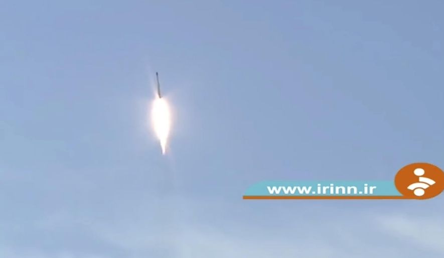 This image taken from video footage aired by Iranian state television shows the launch of a rocket by Iran announced on Thursday, Dec. 30, 2021. Iran on Thursday announced it launched a satellite carrier rocket bearing three devices into space, though it&#39;s unclear whether any of the objects entered orbit around the Earth. (Iranian state television via AP)