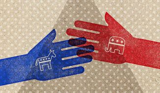 Republicans and Democrats Reaching Across the Aisle Illustration by Greg Groesch/The Washington Times