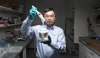 This photo provided by John Underwood shows Purdue University professor Xiulin Ruan on Aug. 25, 2021, at his laboratory in West Lafayette, Ind., with a brush full of what’s considered the world’s whitest paint. Ruan, a professor of mechanical engineering at Purdue, and his graduate students began working on the paint project seven years ago. The resulting highly reflective paint recently earned the title of the world’s whitest paint in the Guinness World Records book. The paint is considered a breakthrough in sustainability that could reduce or even eliminate the need for air conditioning. (John Underwood via AP)