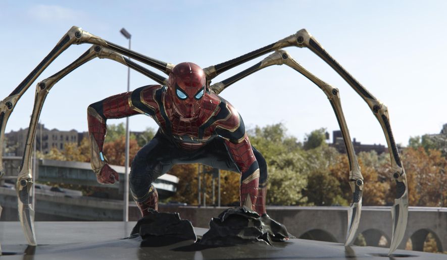 This image released by Sony Pictures shows Tom Holland in Columbia Pictures' "Spider-Man: No Way Home." (Sony Pictures via AP)