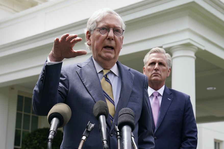 Senate Minority Leader Mitch McConnell of Ky., and House Minority Leader Kevin McCarthy of Calif., speak to reporters outside the White House after a meeting with President Joe Biden, Wednesday, May 12, 2021, in Washington. (AP Photo/Evan Vucci) ** FILE **