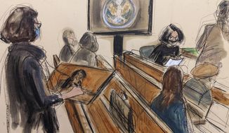 In this courtroom sketch, Ghislaine Maxwell, seated second from right, draws a courtroom artist, standing far left, during a courtroom break in her sex-abuse trial, Tuesday Dec. 7, 2021, in New York. (Elizabeth Williams via AP)