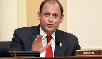 U.S. Rep. Andy Barr, R-Ky., speaks during the House Committee on Foreign Affairs hearing on the administration foreign policy priorities on Capitol Hill on March 10, 2021, in Washington. Kentucky&#39;s top Republican lawmakers want to extend an oddly shaped congressional district to add Democratic-leaning Frankfort to the solidly red 1st District in an apparent effort to shore up another district that for decades has swung between both parties. The likely beneficiary would be 6th District GOP Rep. Andy Barr, the only incumbent Kentucky congressman to face a tough reelection campaign in recent years. The other affected congressmen is Republican James Comer. (Ken Cedeno/Pool via AP, File)
