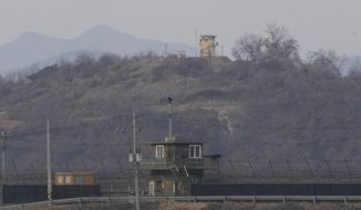 Military guard posts of North Korea, rear, and South Korea, bottom, are seen in Paju, near the border with North Korea, South Korea, Wednesday, Jan. 5, 2022. North Korea fired a suspected ballistic missile into the sea on Wednesday, the South Korean and Japanese militaries said, its first public weapons launch in about two months and a signal that Pyongyang isn&#39;t interested in rejoining denuclearization talks anytime soon and would rather focus on boosting its weapons arsenal. (AP Photo/Ahn Young-joon)