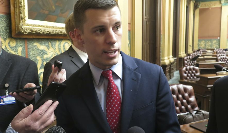Then-Michigan House Speaker Lee Chatfield, R-Levering, speaks with reporters following the House&#39;s approval of a bill that would cut auto insurance premiums on May 9, 2019, in the Capitol in Lansing, Mich. State police in northern Michigan were investigating Thursday, Jan. 6, 2022, after a woman accused former state House Speaker Lee Chatfield of sexually assaulting her multiple times, beginning when she was about 14 years old. The accuser, now 26, filed a criminal complaint with the Lansing Police Department, which referred it to state police earlier this week. Chatfield, 33, left the House in 2020 due to term limits. (AP Photo/David Eggert, File)