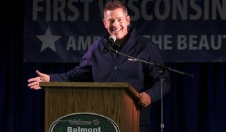 Former U.S. Rep. Sean Duffy, a Republican, delivers the keynote speech at the First Wisconsin Rally on Saturday, Sept. 26, 2020, in Belmont, Wis. Duffy announced Thursday, Jan. 6, 2022, that he won&#39;t run for Wisconsin governor this year, ignoring pleas to do so by former President Donald Trump. (Nicki Kohl/Telegraph Herald via AP) **FILE**