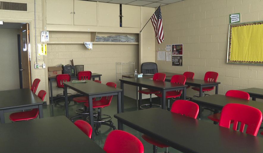 In this image made from video, an empty classroom is shown at David Ellis Academy in Detroit, Monday, Feb. 8, 2021.  (AP Photo/Mike Householder File)  **FILE**