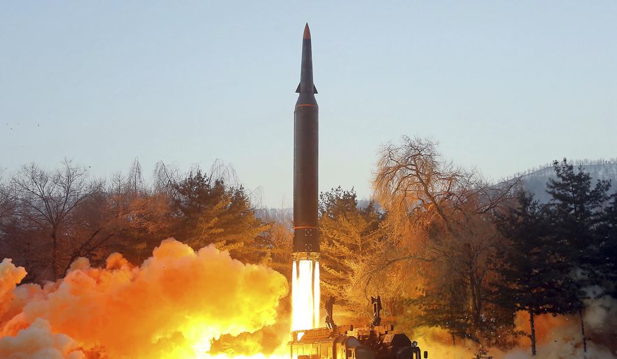 This photo provided by the North Korean government, shows what it says a test launch of a hypersonic missile in North Korea on Jan. 5, 2022. Independent journalists were not given access to cover the event depicted in this image distributed by the North Korean government. The content of this image is as provided and cannot be independently verified. Korean language watermark on image as provided by source reads: &amp;quot;KCNA&amp;quot; which is the abbreviation for Korean Central News Agency. (Korean Central News Agency/Korea News Service via AP, File)