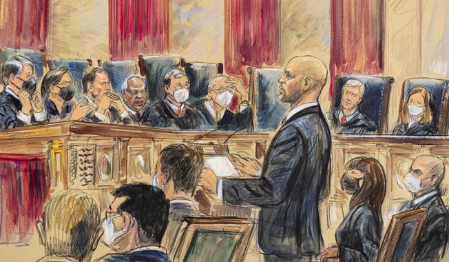 This artist sketch depicts lawyer Scott Keller standing to argue on behalf of more than two dozen business groups seeking an immediate order from the Supreme Court to halt a Biden administration order to impose a vaccine-or-testing requirement on the nation&#x27;s large employers during the COVID-19 pandemic, at the Supreme Court in Washington, Friday, Jan. 7, 2022. Solicitor General Elizabeth Prelogar, the Biden administration&#x27;s top Supreme Court lawyer, is seated at right. (Dana Verkouteren via AP)