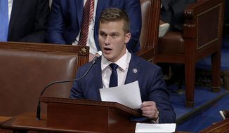 In this image taken from video, Rep. Madison Cawthorn, R-N.C., speaks at the U.S. Capitol, Jan. 7, 2021. (House Television via AP, File)