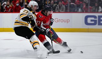 Washington Capitals T.J. Oshie scores his fifth goal of the season in a game against the Boston Bruins at Capital One Arena in Washington D.C., Jan. 10, 2022. (Photo by Brian Murphy, All-Pro Reels)