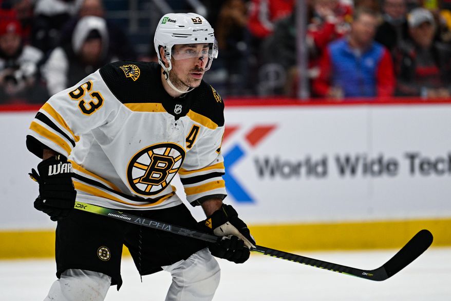 Bruins forward Brad Marchand plays with a busted nose against the Capitals at Capital One Arena in Washington D.C., Jan. 10, 2022. (Photo by Brian Murphy, All-Pro Reels)