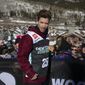 Shaun White, of the United States, after his run in the snowboarding halfpipe finals, Sunday, Dec. 19, 2021, during the Dew Tour at Copper Mountain, Colo. (AP Photo/Hugh Carey)