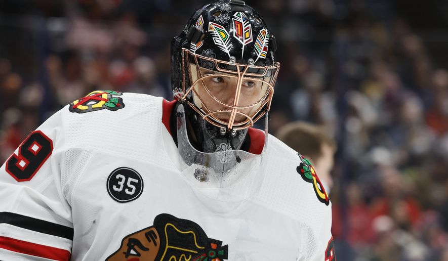 Chicago Blackhawks&#39; Marc-Andre Fleury plays against the Columbus Blue Jackets during an NHL hockey game Tuesday, Jan. 11, 2022, in Columbus, Ohio. (AP Photo/Jay LaPrete)