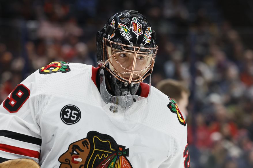 Chicago Blackhawks&#39; Marc-Andre Fleury plays against the Columbus Blue Jackets during an NHL hockey game Tuesday, Jan. 11, 2022, in Columbus, Ohio. (AP Photo/Jay LaPrete)